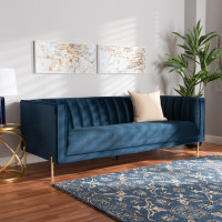 Baxton Studio 5016D-Navy Blue Velvet-Sofa Maia Contemporary Glam and Luxe Navy Blue Velvet Fabric Upholstered and Gold Finished Metal Sofar